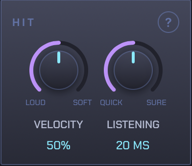 The Hit panel: Velocity at 50% and Listening at 20 ms