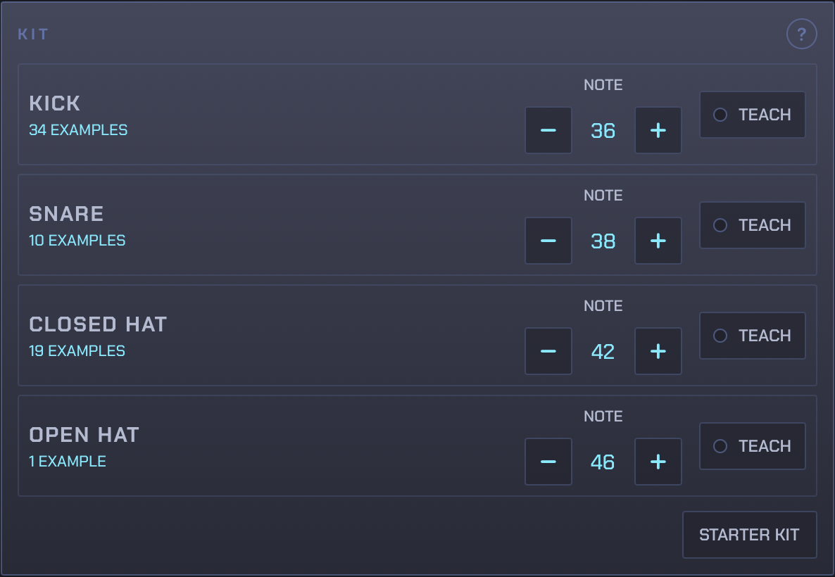The Kit panel with the Examples taught for each Sound