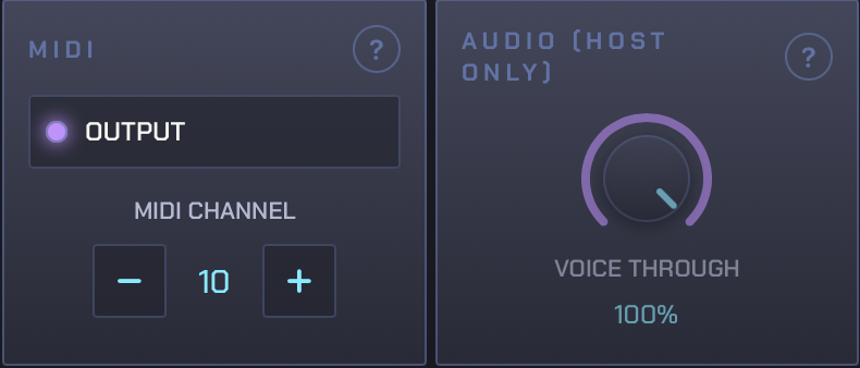 The MIDI panel with Output and MIDI channel 10, and the Audio panel with Voice Through