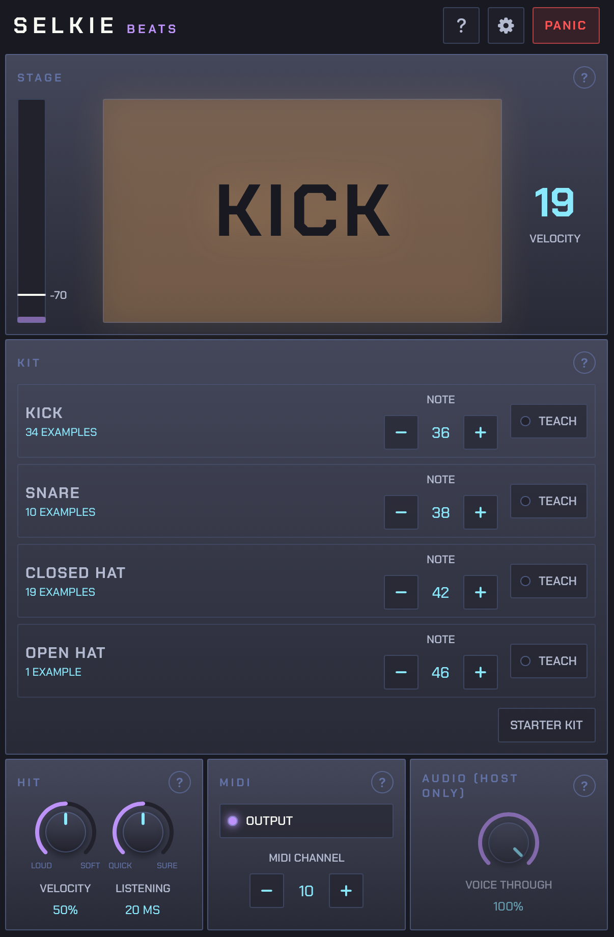 The Setup view: the Stage, the Kit, and the Hit, MIDI and Audio panels