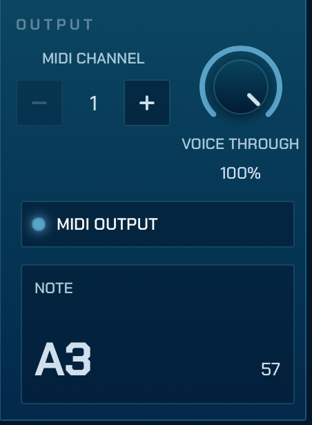 The Output panel: MIDI channel, Voice Through, MIDI Output switch and the current Note
